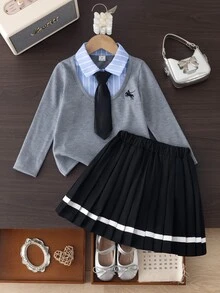 SHEIN Elladie kids 女童針織毛衣百褶裙兩件套 灰色長袖藍白條紋襯衫領黑色領帶 JK 制服 幼兒園秋季 - 灰色 - 查看 9