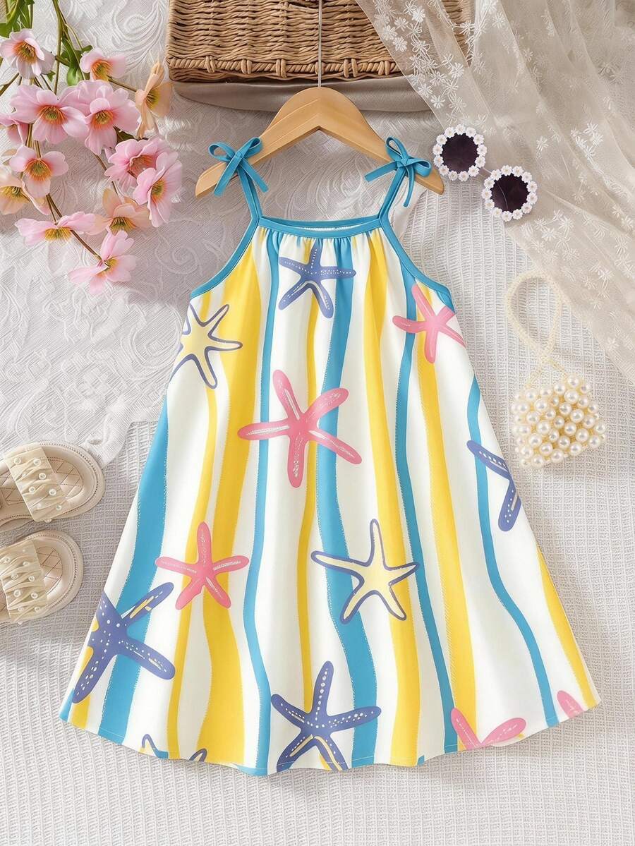 SHEIN Elladie kids 女童白色夏季海灘風 7 歲生日 Baby Shower 度假風仙女公主式細肩帶洋裝,海星、波浪、蝴蝶結裝飾 A 字裙,適合外出穿著 - 彩色 - 查看 1