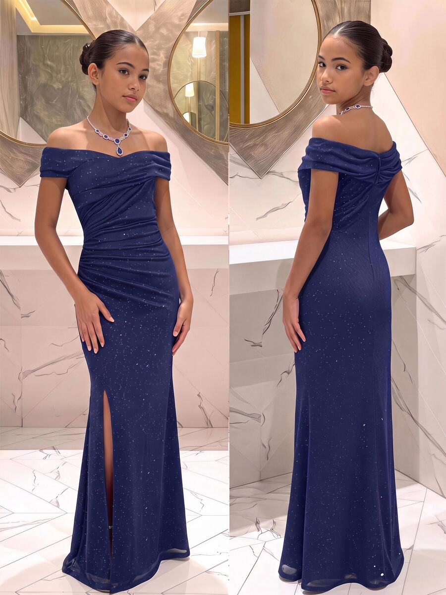 SHEIN Tween Girls Tween Girl Off-Shoulder Ruched Criss-Cross Hem Slit Fishtail Skirt Deep Blue Dress Elegant Holiday Party - Navy Blue - View 1