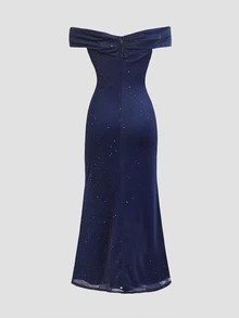 SHEIN Tween Girls Tween Girl Off-Shoulder Ruched Criss-Cross Hem Slit Fishtail Skirt Deep Blue Dress Elegant Holiday Party - Navy Blue - View 4