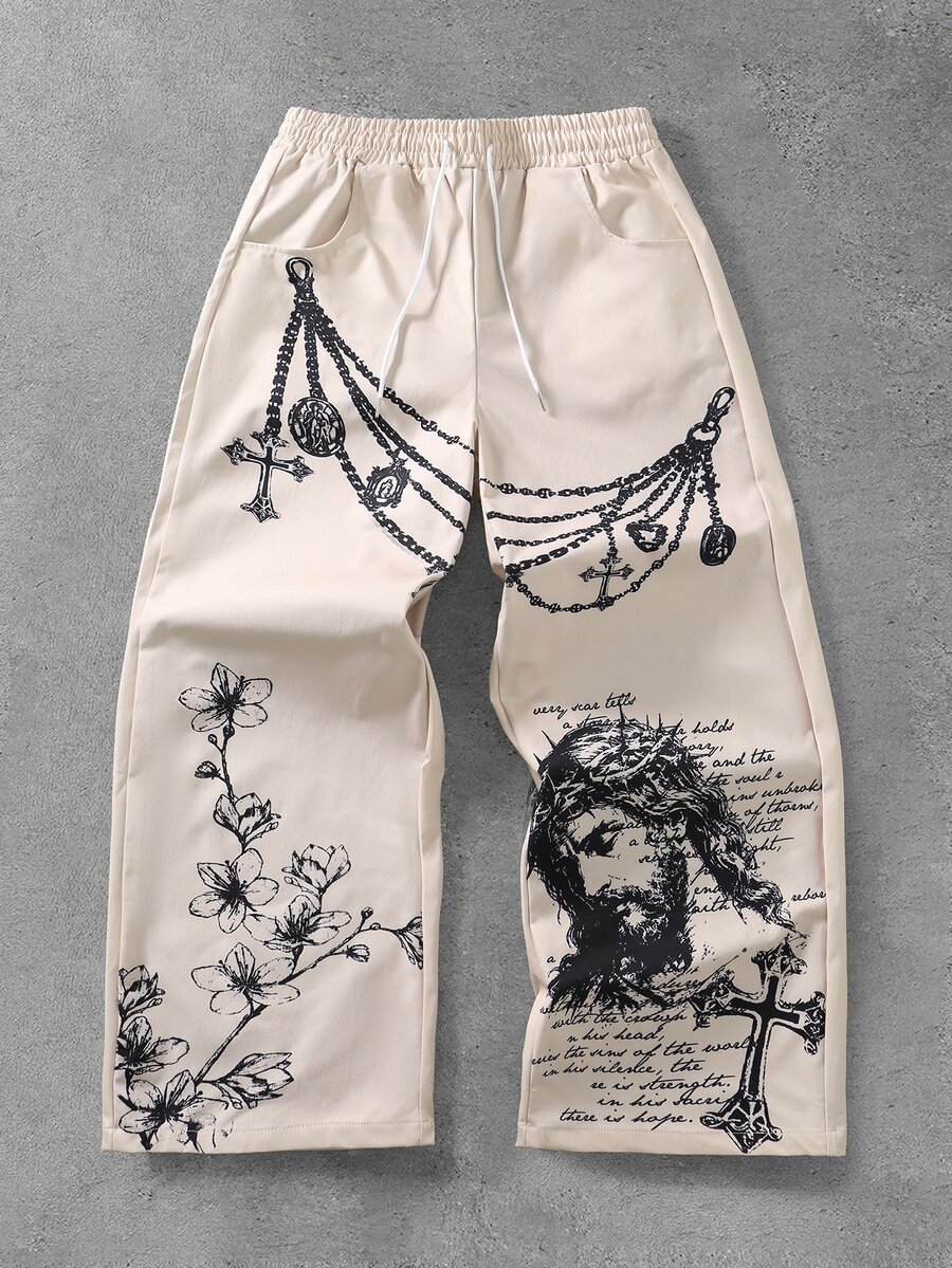 ROMWE MEN Street Retro Digital Print Jesus Floral Pant Chain Graphic Handwritten English All-Over Print Drawstring Elastic Waist Drape Floor-Length Loose Curved Leg Pants American High Street Vintage Unisex - Khaki - View 1
