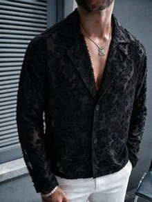 Manfinity Roughcore Men's Black Long-Sleeved Coat For Autumn And Winter. Floral Fabric Design. Suitable For Wearing At Banquets, Parties, Holidays And Other Occasions. - Black - View 1