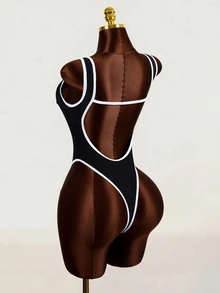 SHEIN Swim 1pc Women's Sexy Solid Color Deep V-Neck Backless High-Cut One-Piece Swimsuit - Black - View 6