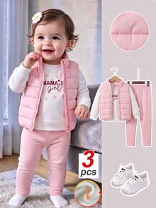 SHEIN Baby Girls Quilted Vest Top Pants Set Light Pink White Heart Print Padded Long Sleeve Stand Collar Holiday Fall Outfit Family Matching Cowgirl - Pink - View 5