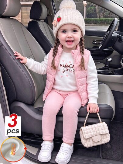 SHEIN 3 Pieces Baby Girl Set: Quilted Stand Collar Vest + Heart Print Long Sleeve Top + Matching Pants, 6M-24M, Sweet Outfit For Outings