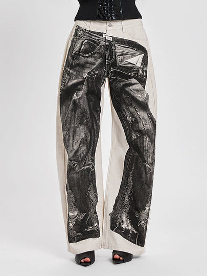Herbst/Winter Y2K Street Rebel Denim Lässig Millennium Style Optische Täuschung Doppelschicht Jeans Bedruckte Taille Figurbetonend Gerade Bein Niedrige Taille Damen Jeans