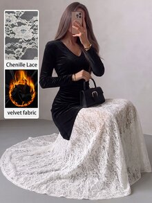 Modelyn 女款設計師V領天鵝絨對比蕾絲洋裝,晚餐雞尾酒會穿搭,黑白配色,秋季優雅風 - 黑與白 - 查看 2