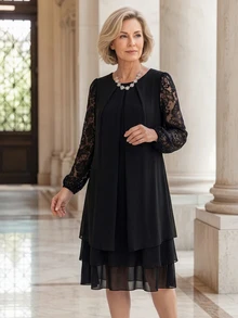 EMERY ROSE Elegant Contrast Lace Long Sleeve Pleated Design Dress For Middle-Aged And Elderly Women Black Dress - Black - View 4
