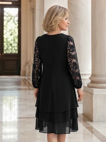EMERY ROSE Elegant Contrast Lace Long Sleeve Pleated Design Dress For Middle-Aged And Elderly Women Black Dress - Black - View 3