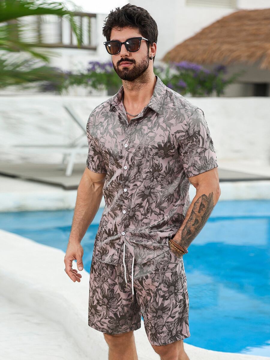 VENTUSAIL Men's Fashion Jacquard Satin Short Sleeve Shirt And Shorts Set - Multicolor - View 1