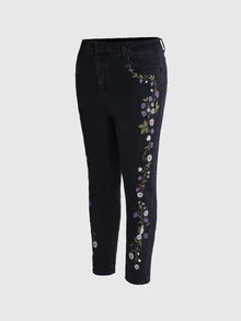 ROMWE Grunge Punk Plus Size Mori Style Floral Rabbit Butterfly Print Butt-Lifting Slimming Skinny Leg Jeans - Black - View 6