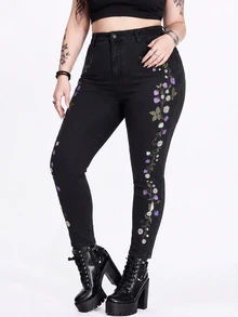 ROMWE Grunge Punk Plus Size Mori Style Floral Rabbit Butterfly Print Butt-Lifting Slimming Skinny Leg Jeans - Black - View 1