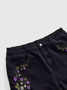 ROMWE Grunge Punk Plus Size Mori Style Floral Rabbit Butterfly Print Butt-Lifting Slimming Skinny Leg Jeans - Black - View 4