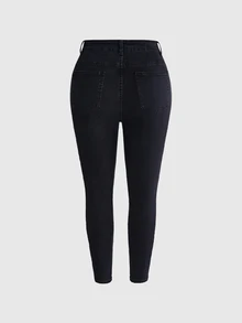 ROMWE Grunge Punk Plus Size Mori Style Floral Rabbit Butterfly Print Butt-Lifting Slimming Skinny Leg Jeans - Black - View 3