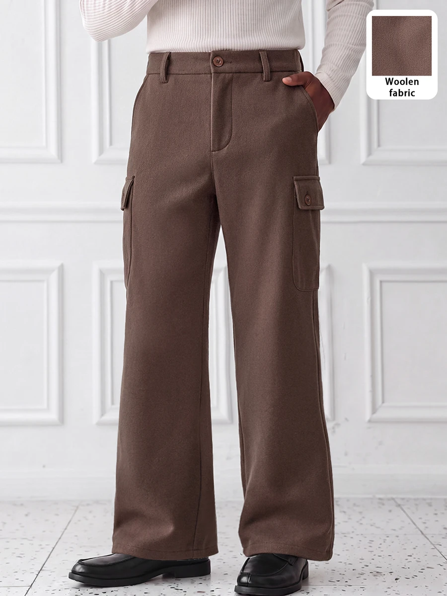 HUEFORM Men's Vintage Brown-Toned Wool-Blend Workwear-Style Flared Trousers Featuring A Multi-Pocket Flap Design And A Flattering Drape; These Thick, Versatil - Coffee Brown - View 1