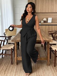 Weeklong Plus Size Women's Sleeveless Wrap Tie Waist Vest And Pants Casual Suit For Spring/Summer Elegant - Black - View 6