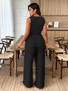Weeklong Plus Size Women's Sleeveless Wrap Tie Waist Vest And Pants Casual Suit For Spring/Summer Elegant - Black - View 2