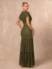 Lumalex Olive Green Draped Mesh Maxi Dress With Deep V-Neckline Perfect For Weddings Luxury Elegance Style Going Out Vacation Outfits Cruise Outfit For Women - Army Green - View 8