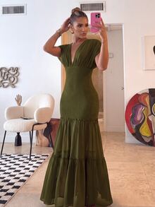 Lumalex Olive Green Draped Mesh Maxi Dress With Deep V-Neckline Perfect For Weddings Luxury Elegance Style Going Out Vacation Outfits Cruise Outfit For Women - Army Green - View 7