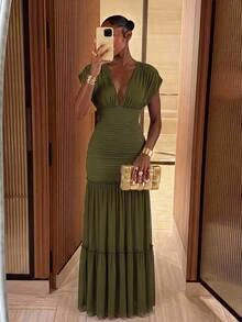 Lumalex Olive Green Draped Mesh Maxi Dress With Deep V-Neckline Perfect For Weddings Luxury Elegance Style Going Out Vacation Outfits Cruise Outfit For Women - Army Green - View 4