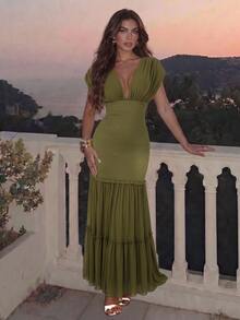 Lumalex Olive Green Draped Mesh Maxi Dress With Deep V-Neckline Perfect For Weddings Luxury Elegance Style Going Out Vacation Outfits Cruise Outfit For Women - Army Green - View 11
