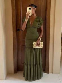 Lumalex Olive Green Draped Mesh Maxi Dress With Deep V-Neckline Perfect For Weddings Luxury Elegance Style Going Out Vacation Outfits Cruise Outfit For Women - Army Green - View 6