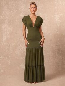 Lumalex Olive Green Draped Mesh Maxi Dress With Deep V-Neckline Perfect For Weddings Luxury Elegance Style Going Out Vacation Outfits Cruise Outfit For Women - Army Green - View 5