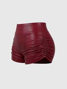 Sweetra Burgundy Crocodile Embossed Leather-Like High Waist Ruched Bodycon Hot Pants For Women, Tight Elastic Shiny Shorts For Stage Party - Burgundy - View 3