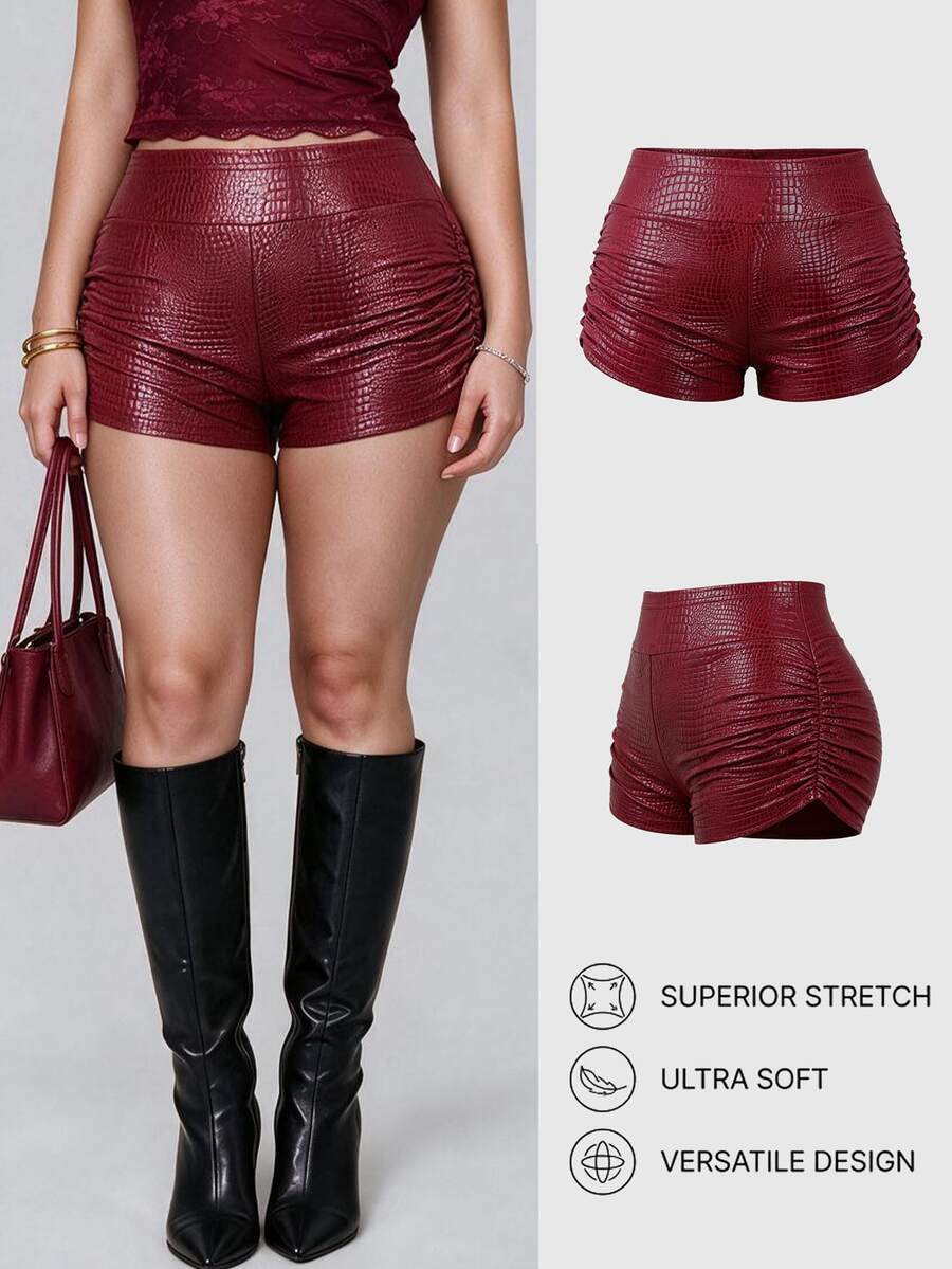 Sweetra Burgundy Crocodile Embossed Leather-Like High Waist Ruched Bodycon Hot Pants For Women, Tight Elastic Shiny Shorts For Stage Party - Burgundy - View 1