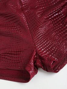 Sweetra Burgundy Crocodile Embossed Leather-Like High Waist Ruched Bodycon Hot Pants For Women, Tight Elastic Shiny Shorts For Stage Party - Burgundy - View 5