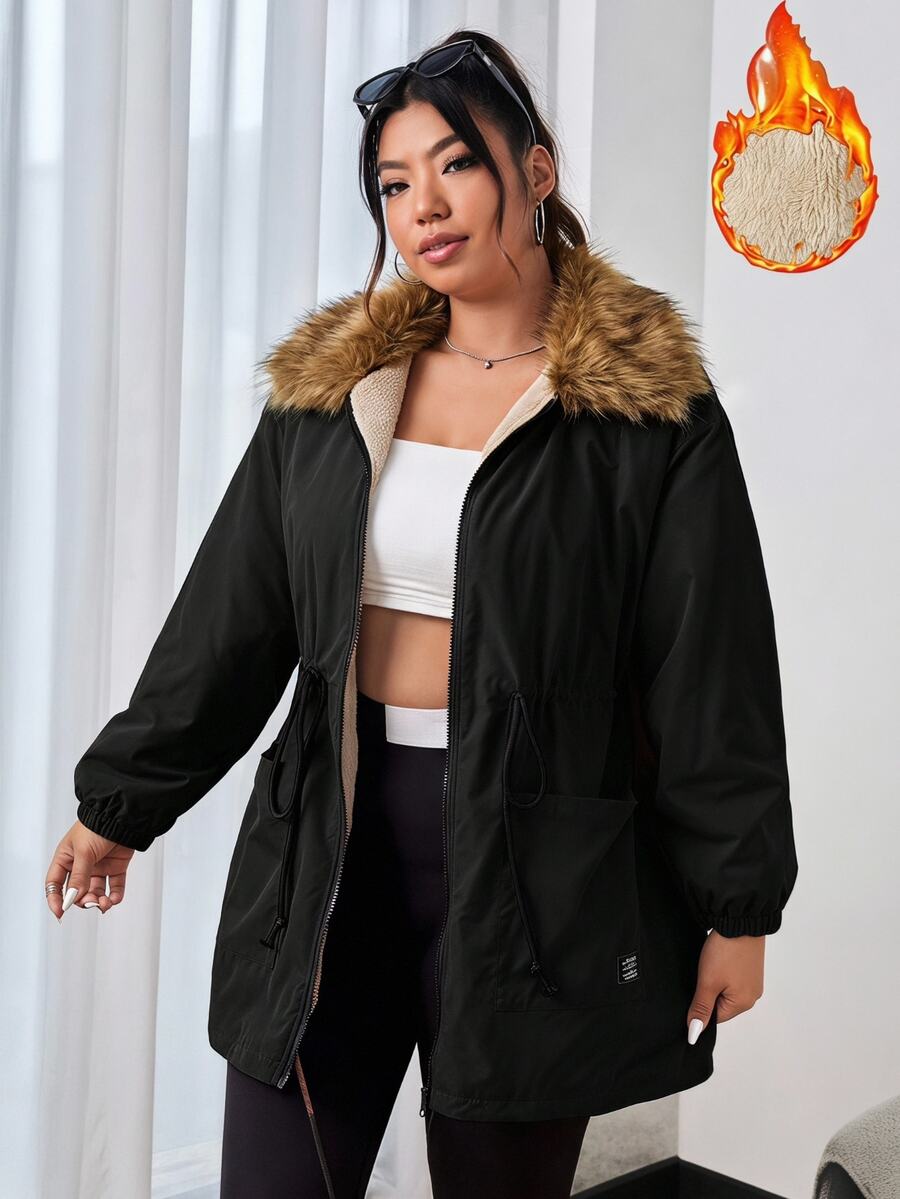 Comfortcana Plus Size Women's Faux Fur Collar Long Sleeve Drawstring Waist Zipper Front Casual Winter Jacket - Army Green - View 1