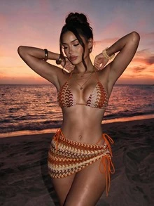 Swim SXY 女款夏季提花布料掛脖細肩帶迷你裙 3 件式性感比基尼套裝 度假風 - 彩色 - 查看 1