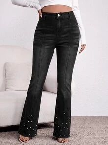 SHEIN 孕婦牛仔褲 仿珍珠裝飾鈕扣 西部風格女裝 牛仔女牛仔褲 亮片聖誕亮粉 - 灰色 - 查看 5