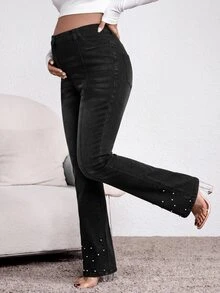 SHEIN 孕婦牛仔褲 仿珍珠裝飾鈕扣 西部風格女裝 牛仔女牛仔褲 亮片聖誕亮粉 - 灰色 - 查看 7