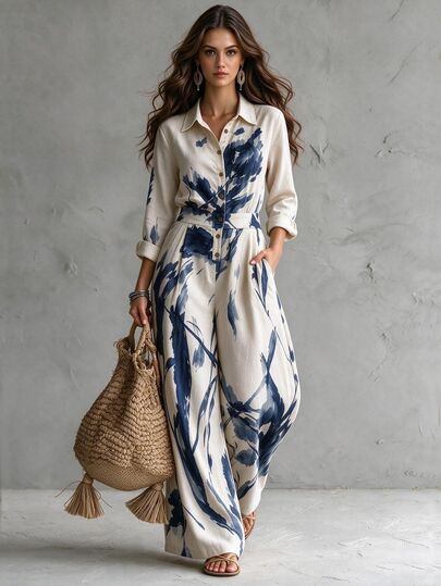 Omancia Mono de mujer color crema blanco con estampado floral de lavado de tinta, manga larga, cuello de camisa, cintura con lazo, pierna ancha, estilo de vacaciones casual de una pieza