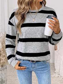 SHEIN LUNE Women's Striped Casual Daily Long Sleeve Sweatshirt - White - View 5