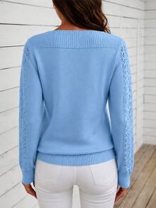 LUMIGAL Spring/Autumn New Solid Color Hollow Out Long Sleeve Off-Shoulder Pullover Knit Top - Blue - View 2