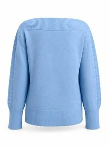 LUMIGAL Spring/Autumn New Solid Color Hollow Out Long Sleeve Off-Shoulder Pullover Knit Top - Blue - View 5
