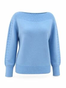 LUMIGAL Spring/Autumn New Solid Color Hollow Out Long Sleeve Off-Shoulder Pullover Knit Top - Blue - View 4
