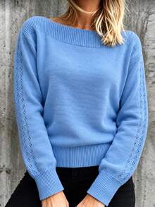LUMIGAL Spring/Autumn New Solid Color Hollow Out Long Sleeve Off-Shoulder Pullover Knit Top - Blue - View 7