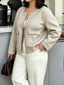 Easura Women's Plus Size French Casual Minimalist Beige Round Neck Short Zip-Up Slimming Overcoat Fall - Apricot - View 4