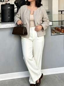 Easura Women's Plus Size French Casual Minimalist Beige Round Neck Short Zip-Up Slimming Overcoat Fall - Apricot - View 5