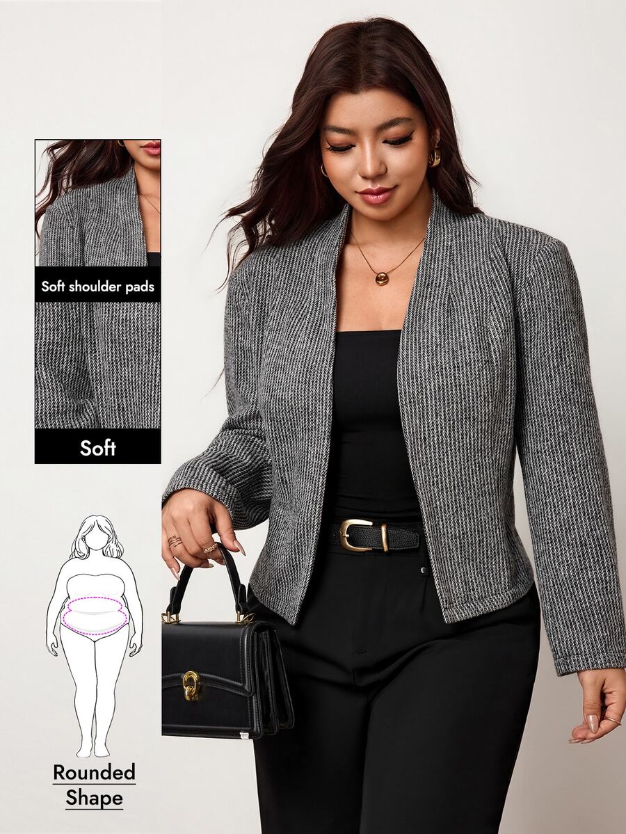 Enliva Plus Size Women's Tweed Cropped Jacket Herringbone Open Front Long Sleeve Elegant Smart Outerwear For Office Working Business Casual Autumn Wear Grey - Black and White - View 1