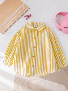 SHEIN LMoss Kids LMoss 女婴时尚可爱百搭条纹长袖衬衫，适合户外和度假 - 黃色 - 查看 2