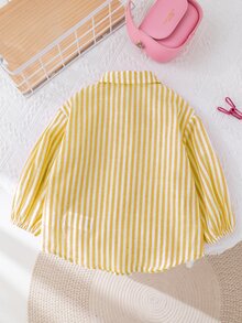 SHEIN LMoss Kids LMoss 女婴时尚可爱百搭条纹长袖衬衫，适合户外和度假 - 黃色 - 查看 3