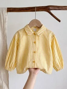 SHEIN LMoss Kids LMoss 女婴时尚可爱百搭条纹长袖衬衫，适合户外和度假 - 黃色 - 查看 1
