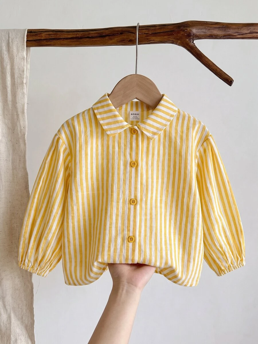 SHEIN LMoss Kids LMoss 女婴时尚可爱百搭条纹长袖衬衫,适合户外和度假 - 黃色 - 查看 1