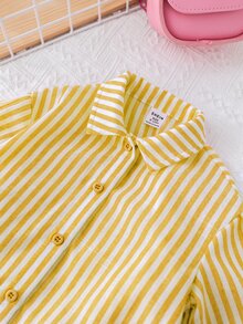 SHEIN LMoss Kids LMoss 女婴时尚可爱百搭条纹长袖衬衫，适合户外和度假 - 黃色 - 查看 5
