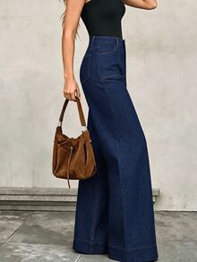 SHEIN Tall 女款時尚鈕扣口袋寬鬆牛仔褲 - 藍色 - 查看 5