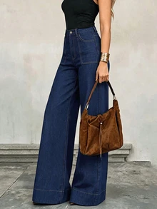 SHEIN Tall 女款時尚鈕扣口袋寬鬆牛仔褲 - 藍色 - 查看 3